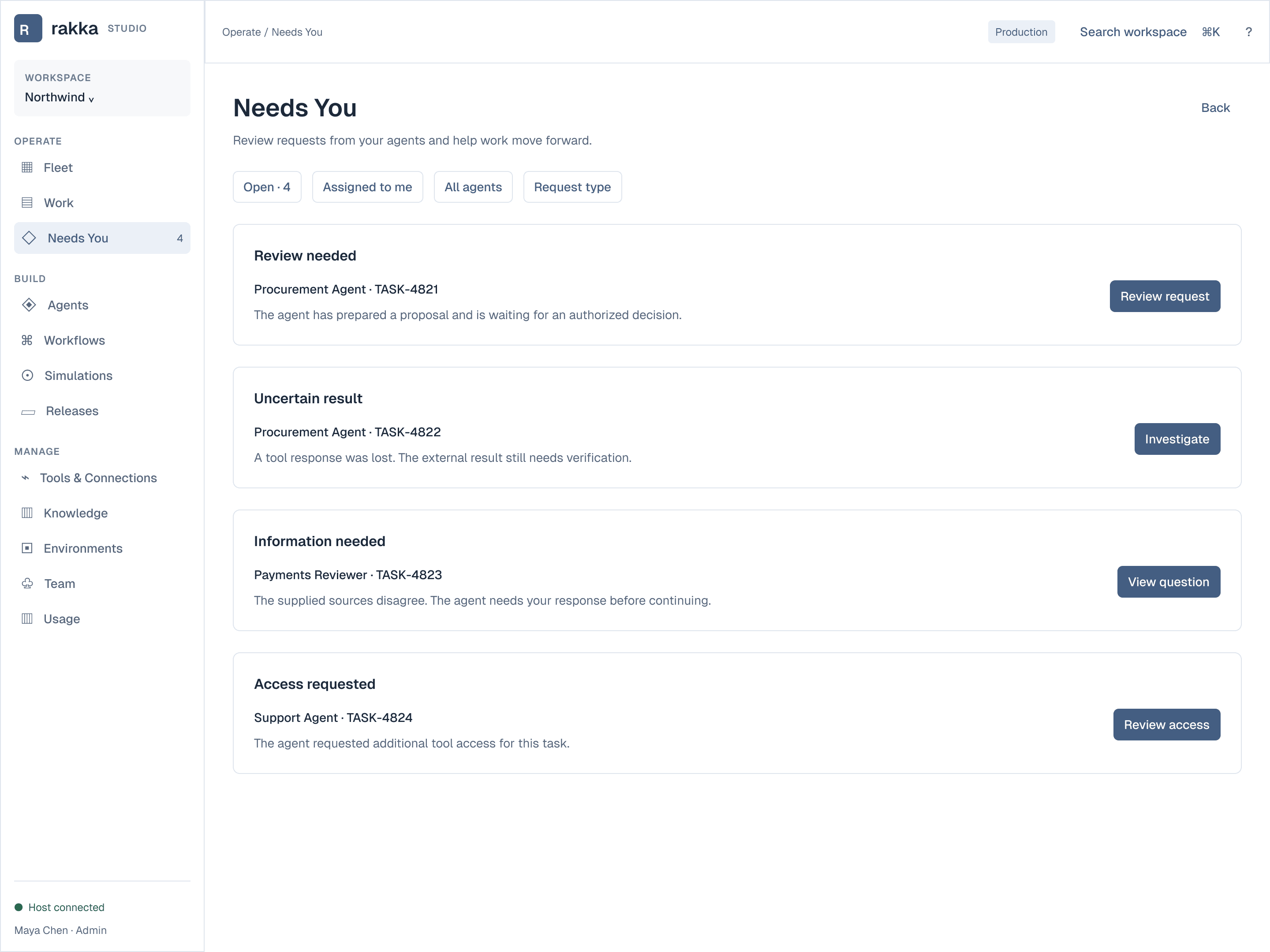 The Needs You queue: a review, an uncertain result, a question, and an access request from agents.