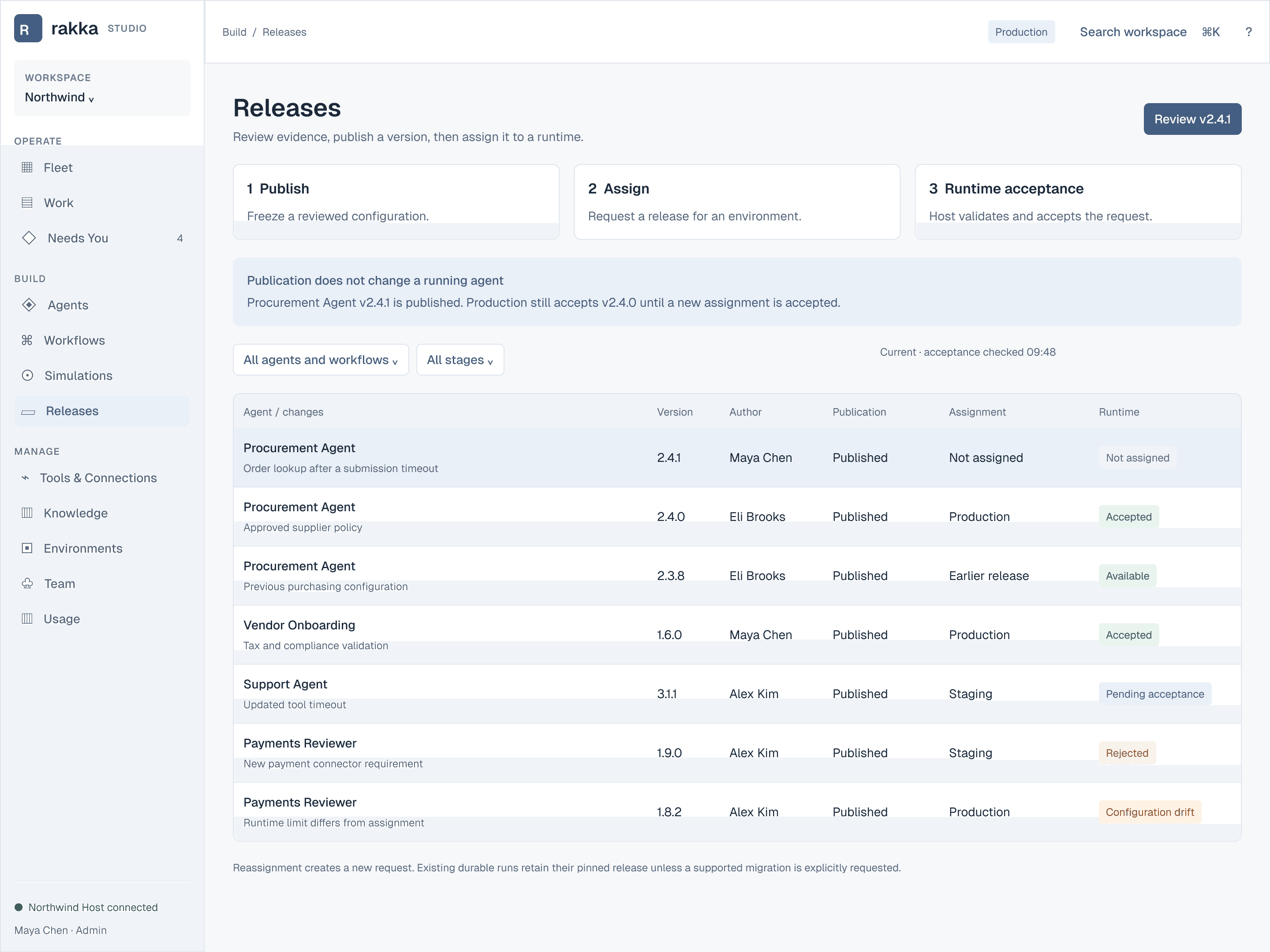 The Releases list: each agent version, who published it, and where it is assigned.