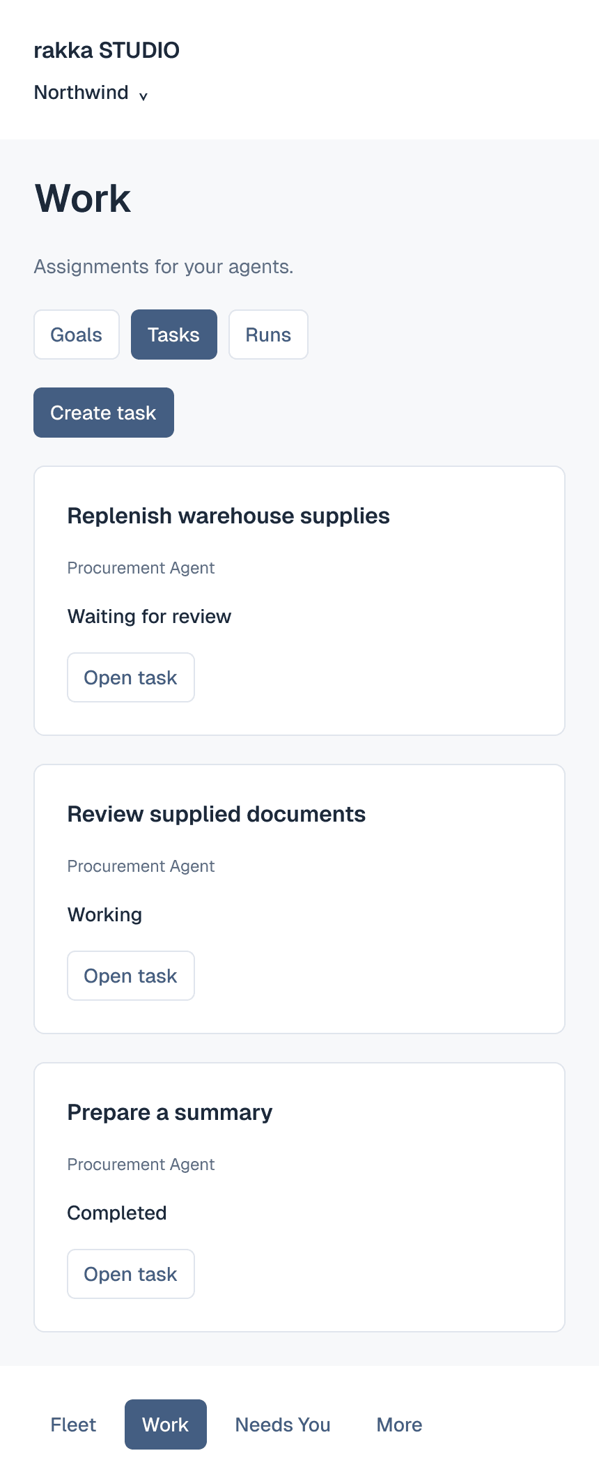 Rakka Studio on a phone: the Work list with tasks waiting for review, in progress, and completed.